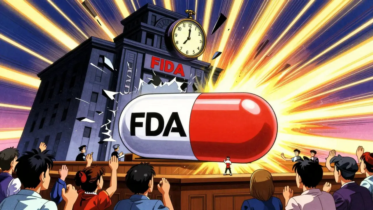 A generic drug capsule stands victorious against a crumbling brand-name corporation under an FDA seal in a dramatic courtroom scene.
