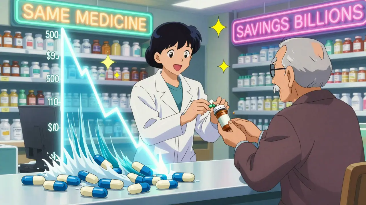 A pharmacist hands a generic pill bottle to an elderly patient while a price graph plummets and pills flood the floor.