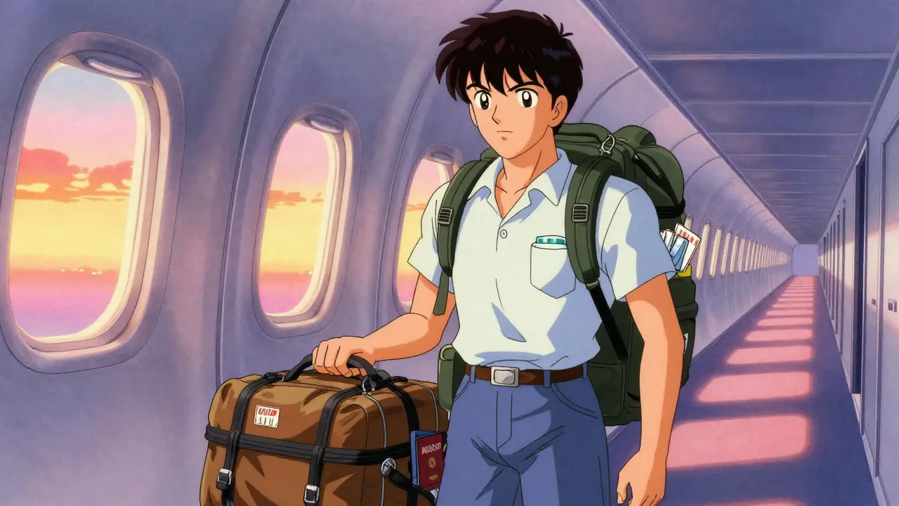 Confident traveler with organized medication boarding airplane