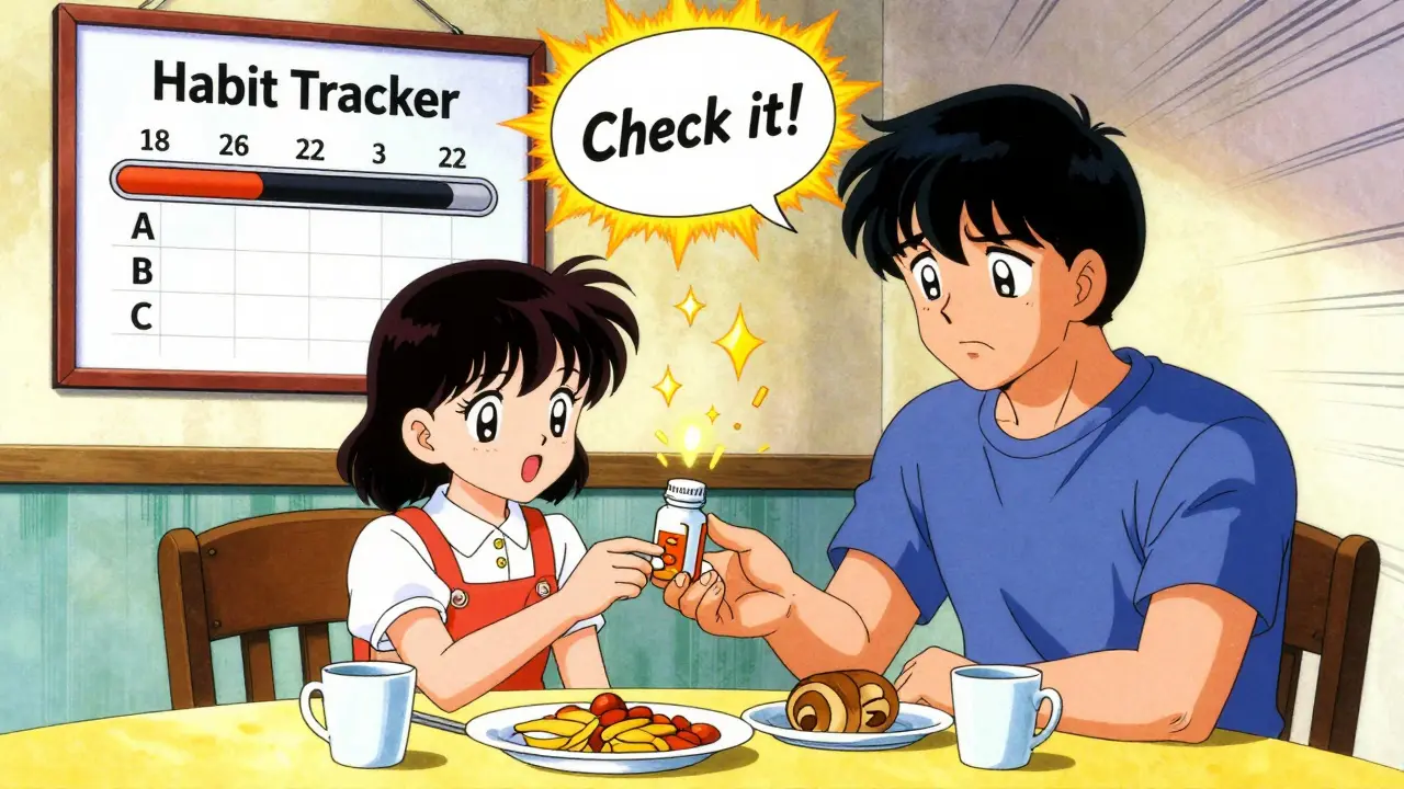 Daughter handing pill bottle to father at breakfast, golden sparkles and habit tracker chart in background.