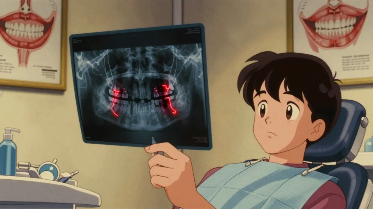 Dentist reviewing an X-ray showing damaged jawbone, patient looking anxious.