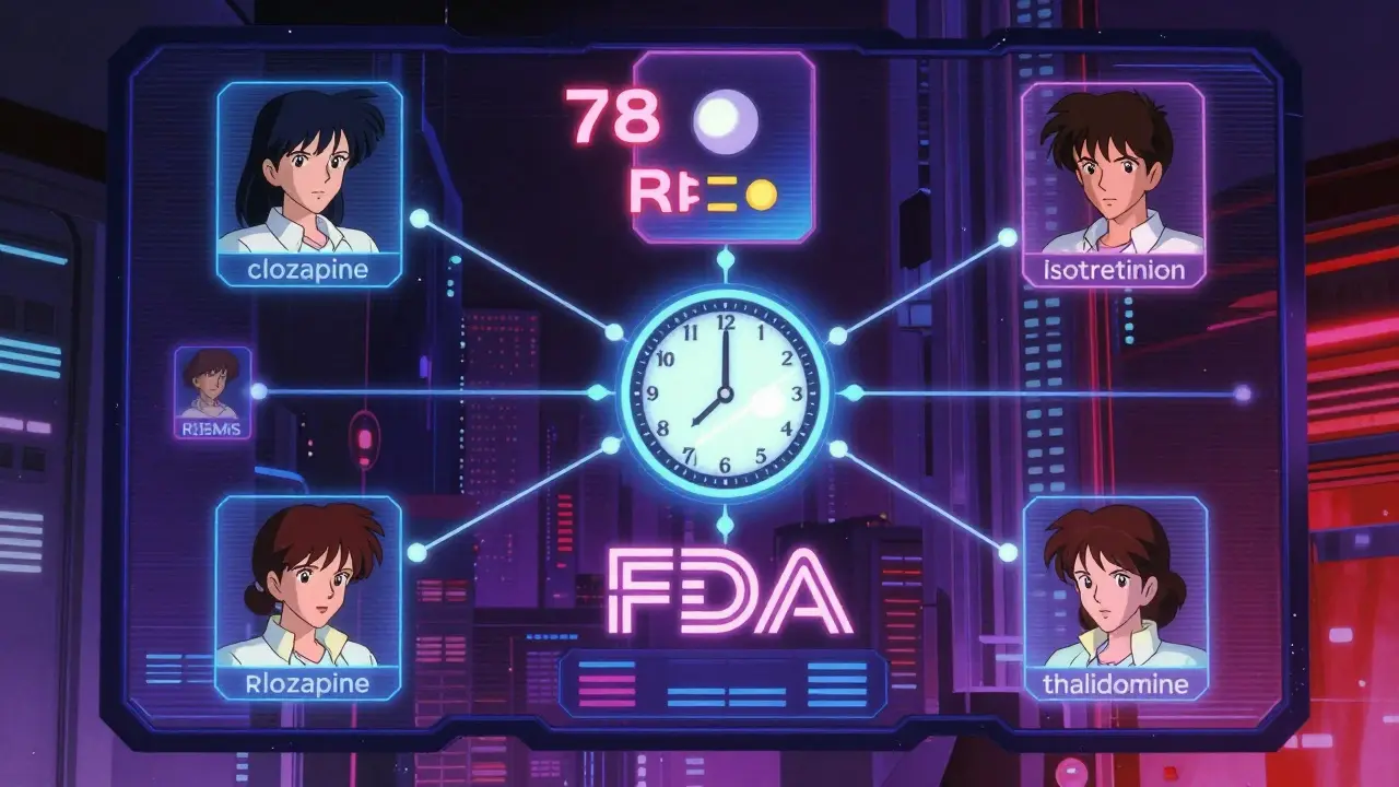Digital dashboard merging all REMS programs with glowing icons representing high-risk medications.