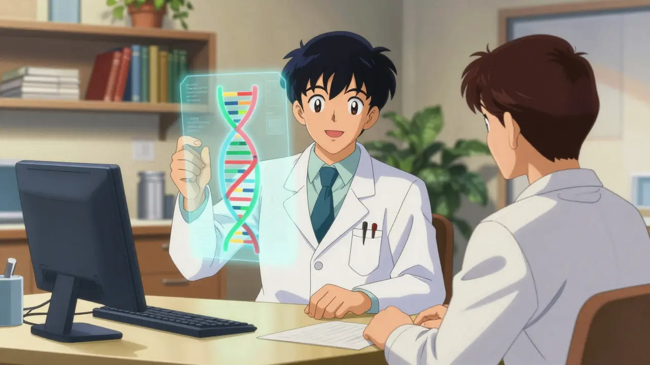 Doctor discussing genetic testing options with a patient in clinic.