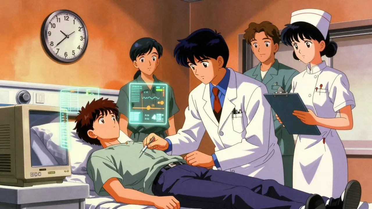 Doctor giving a long-acting shot while medical staff monitor a patient under strict safety rules.