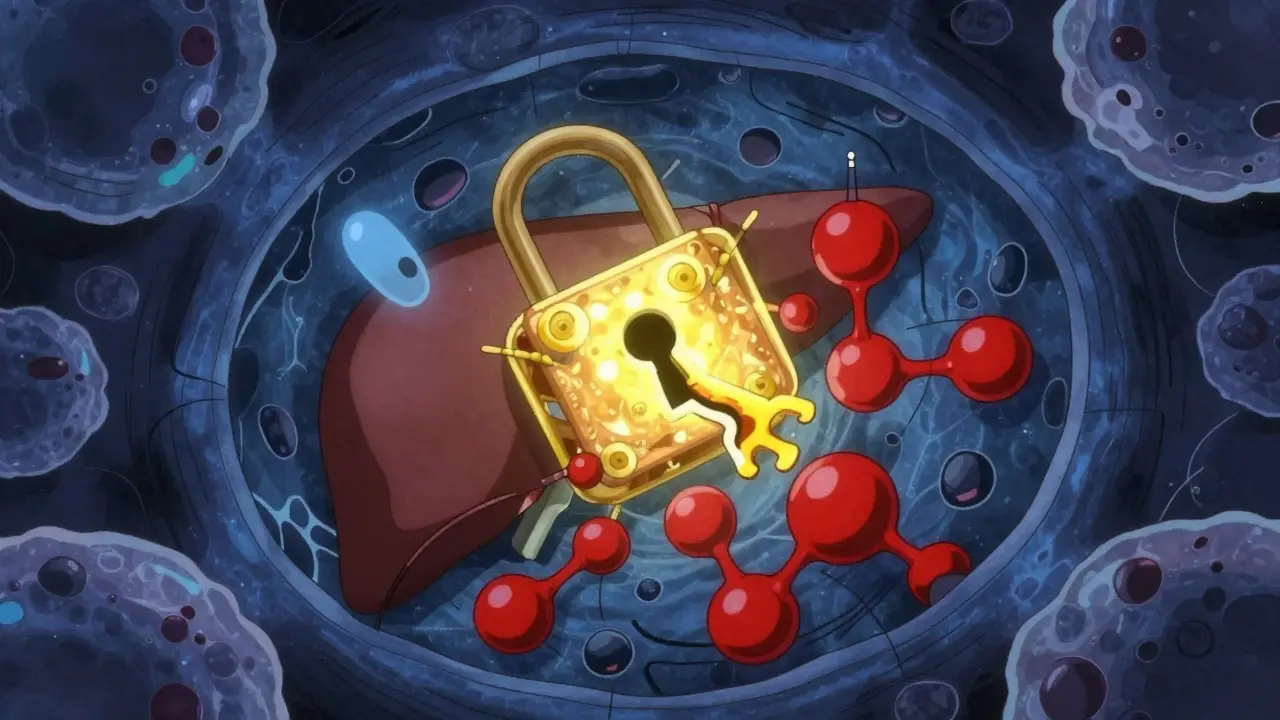 Microscopic view of liver enzymes blocking medication activation.