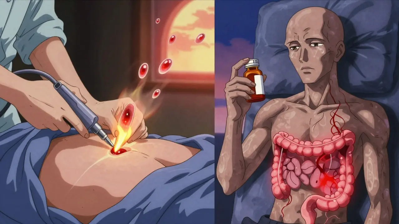 Patient receiving treatment for angiodysplasia, with ghostly blood vessels reappearing as symbols of chronic recurrence.