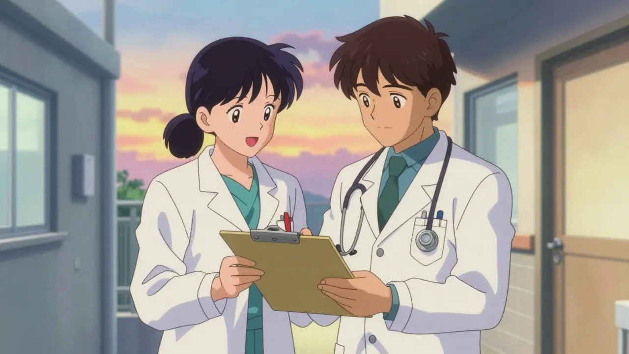 Pharmacist and doctor reviewing patient information together.