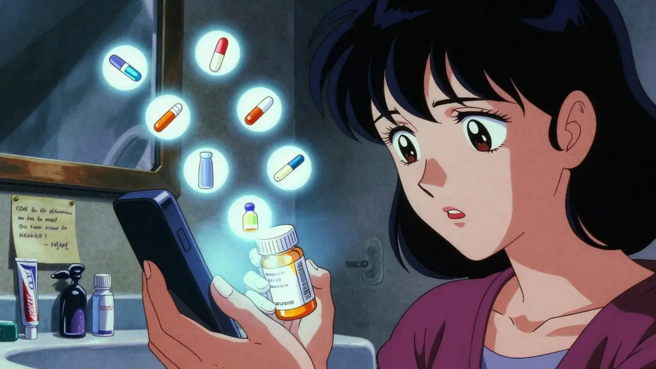 Woman reading pill label under phone flashlight, ten glowing verification icons floating around the bottle.