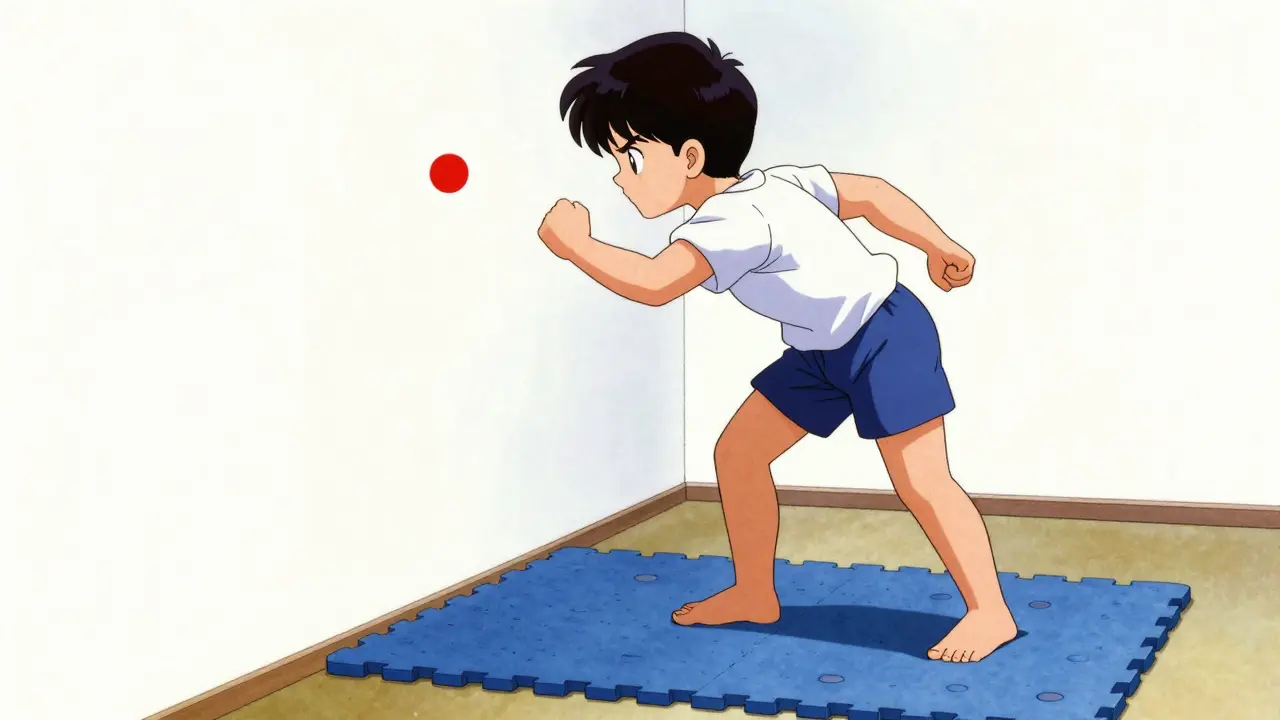Anime character practicing balance exercises on a foam mat for therapy.