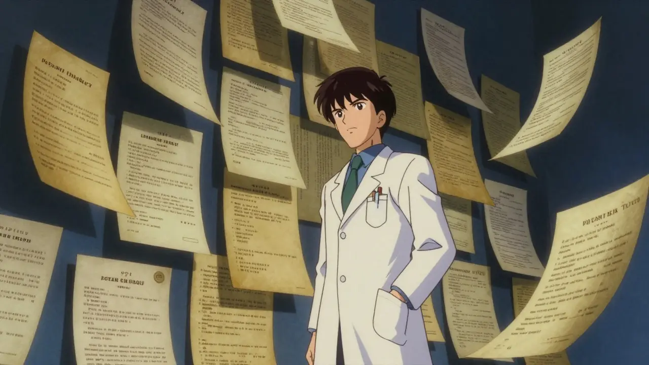 Anime illustration of a researcher facing a wall of overlapping legal patents.