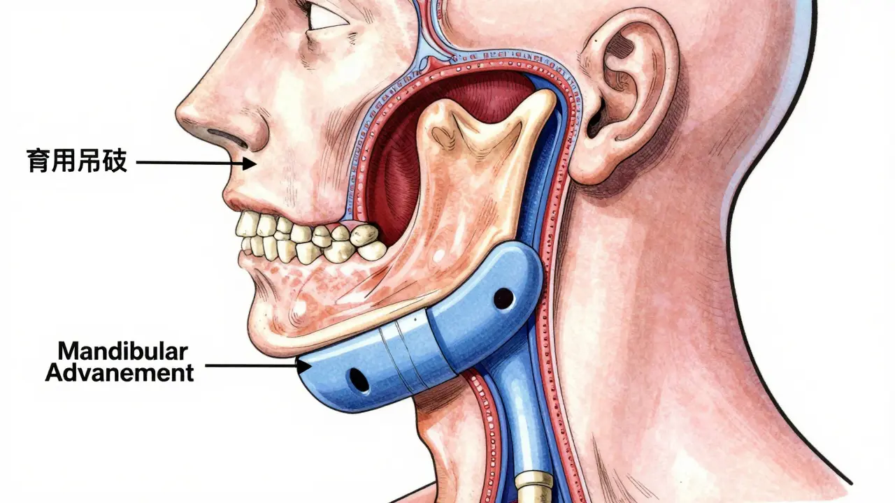 Anime style anatomical diagram showing how a jaw device opens the airway during sleep.