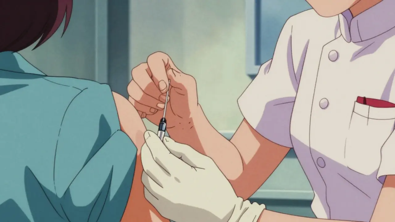 Close-up in retro anime style of a thin vaccine needle being administered into an arm.