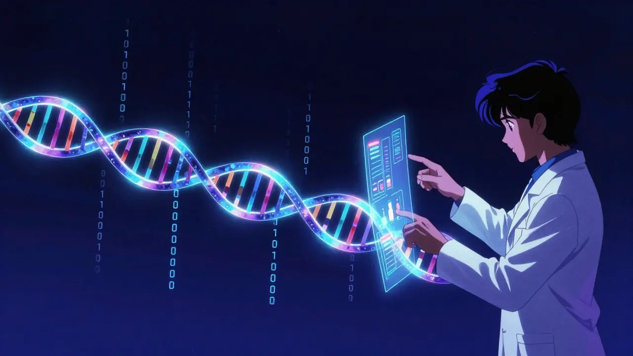 Conceptual visualization of DNA and AI technology for personalized medicine