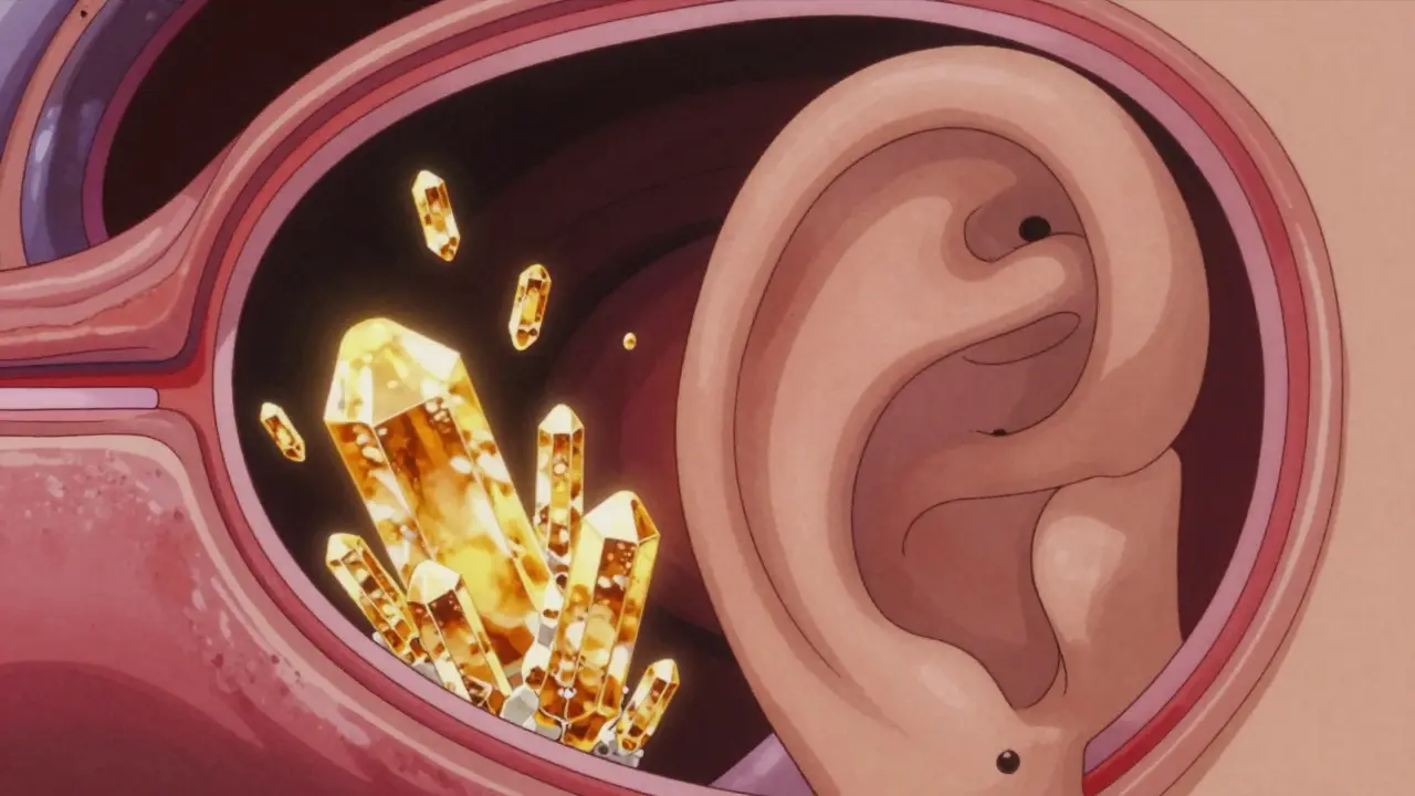 Detailed retro anime diagram of inner ear crystals floating in a canal.