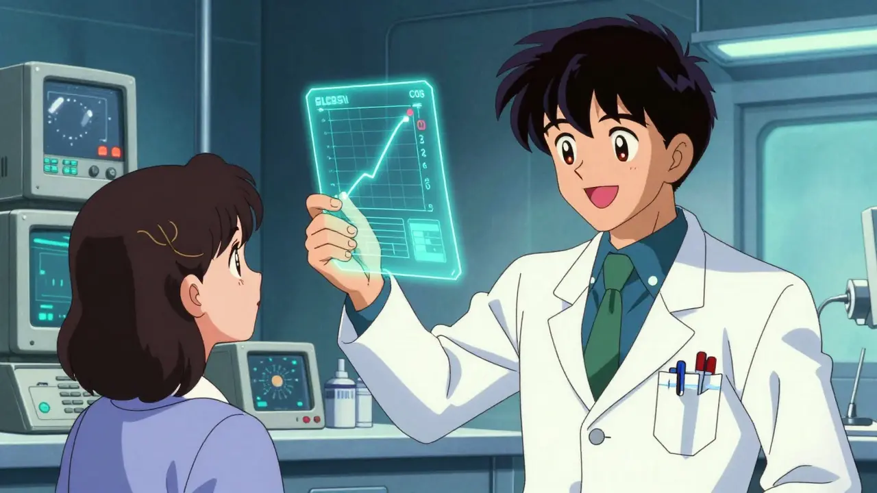 Doctor showing a patient a positive B-cell recovery blood test