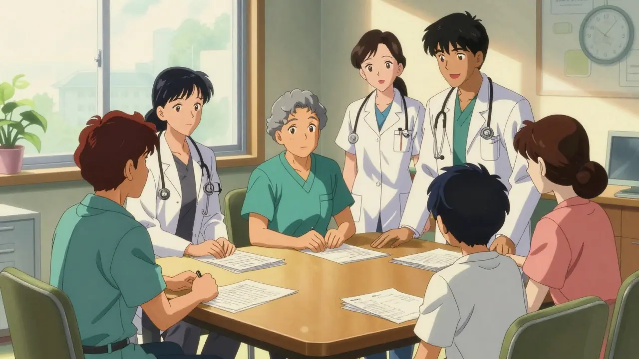 Medical team and family consulting in a bright office in retro anime style