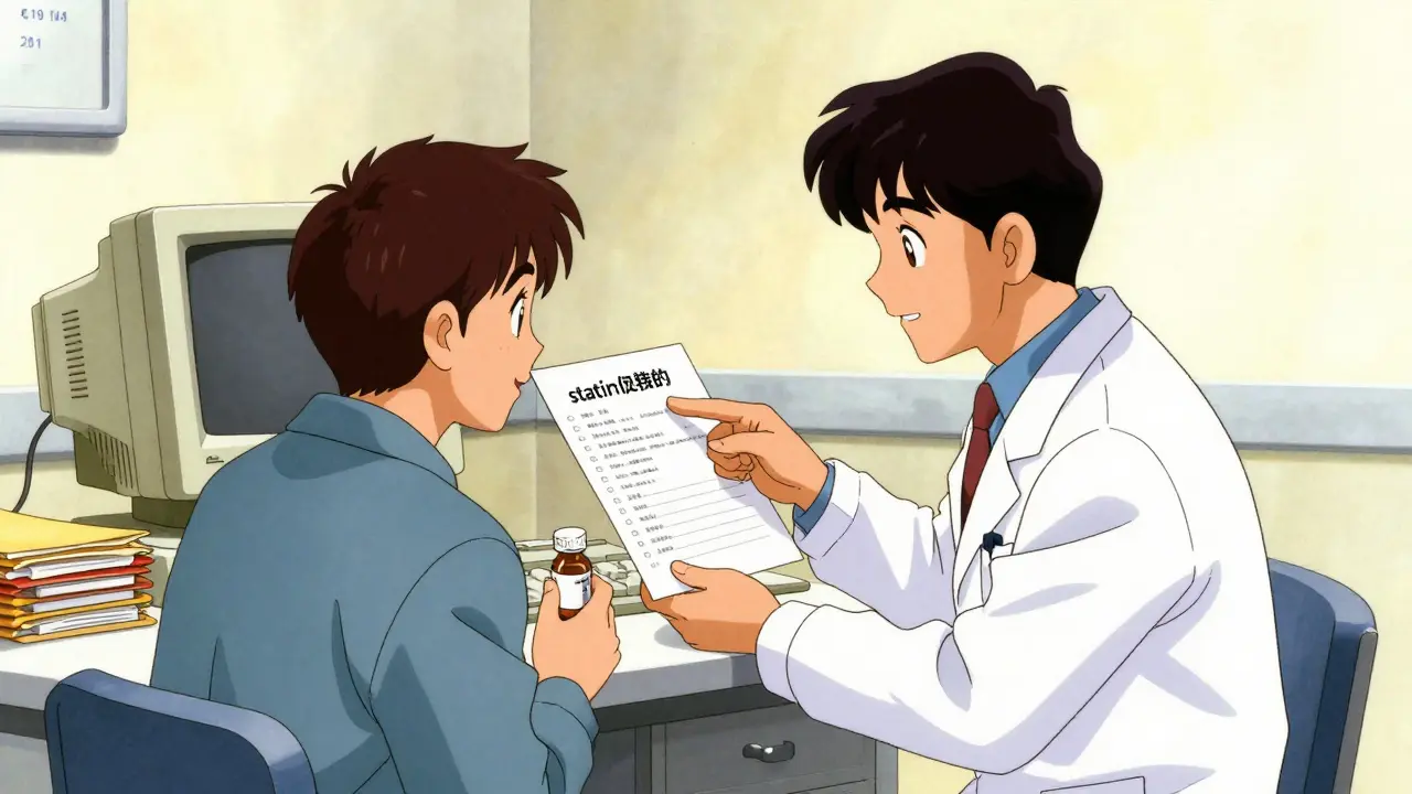 Patient and doctor in a vintage anime clinic discussing a new medication.