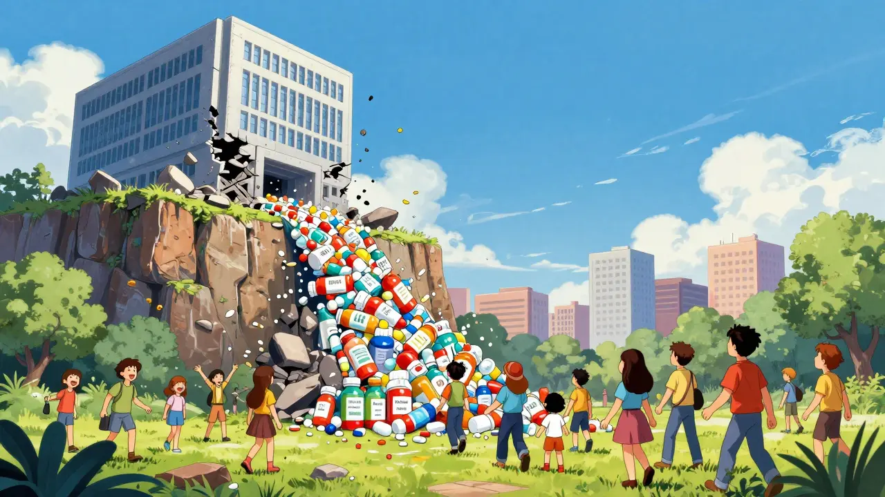 Retro anime depiction of a corporate patent cliff releasing affordable medicines to the public.