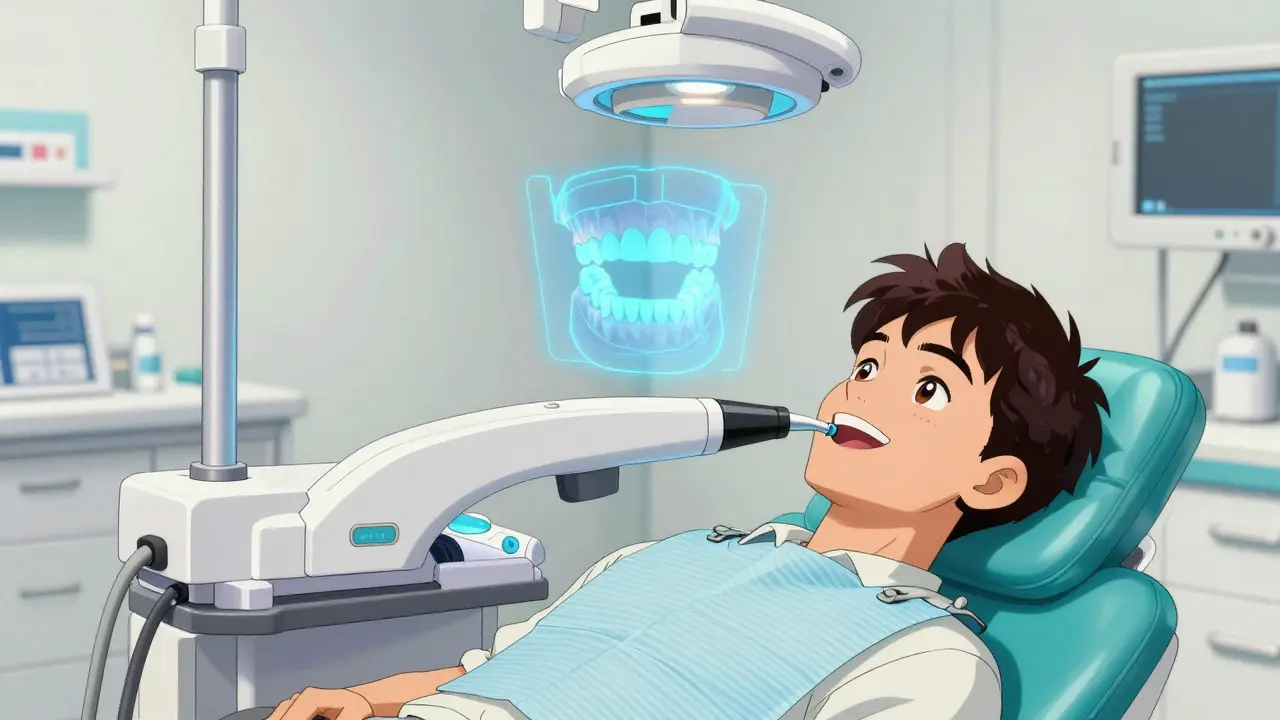 Retro anime depiction of a patient receiving a digital 3D scan for a custom oral appliance.