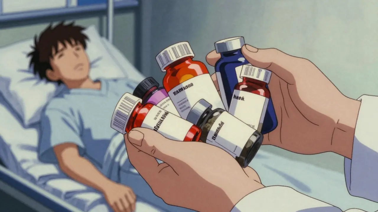Retro anime depiction of medical hands holding medication bottles in a hospital setting.