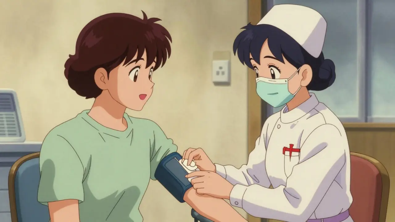 Retro anime illustration of a nurse applying firm pressure to a patient's arm after a shot.