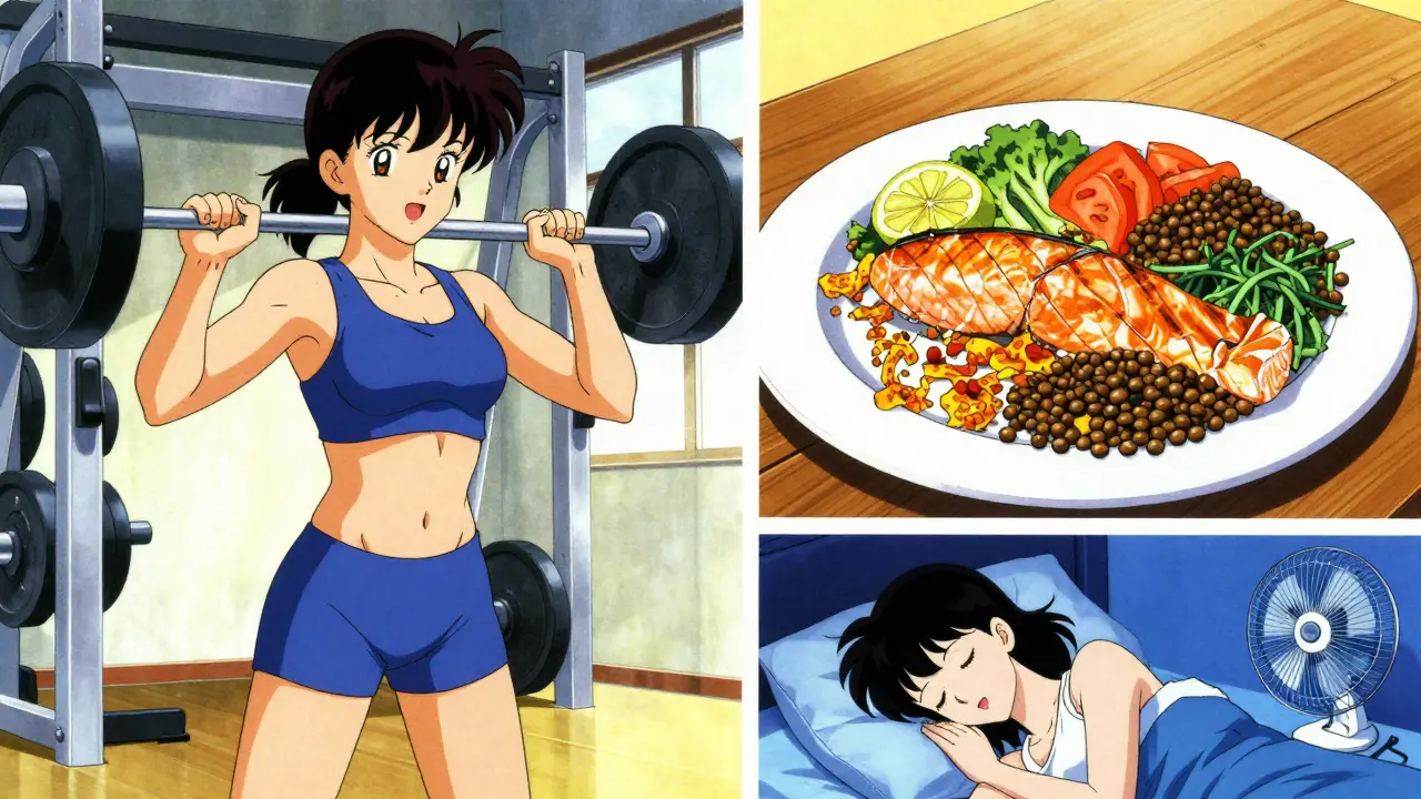 Retro anime montage of a woman lifting weights, eating a high-protein meal, and sleeping soundly.