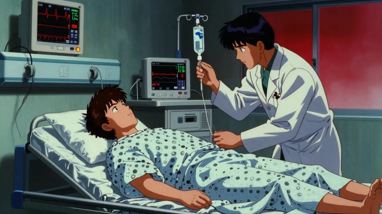 Retro anime scene of a patient receiving emergency medical care in a hospital room.