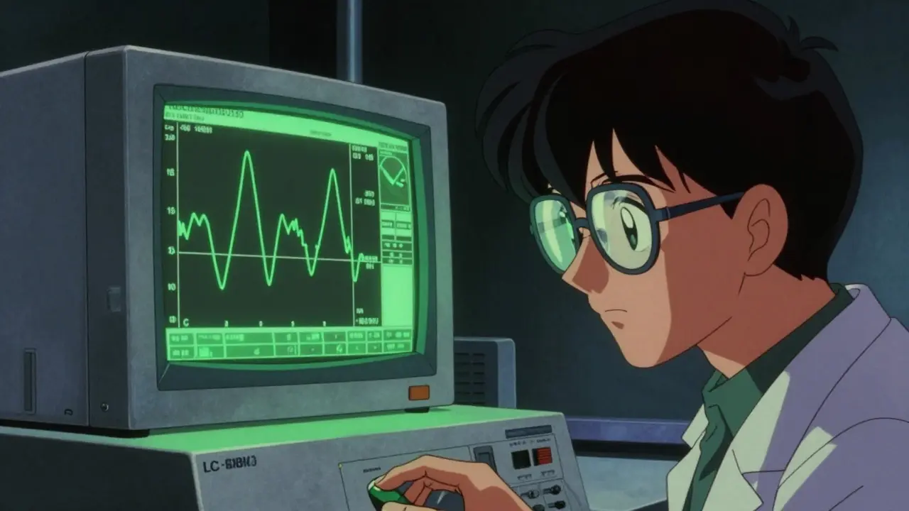 Scientist analyzing drug concentration curves on a retro computer screen