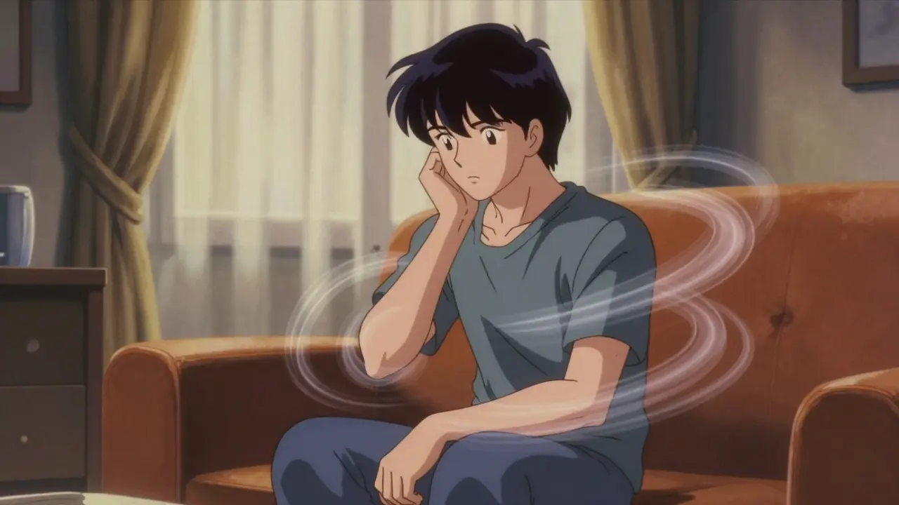 Seated person with motion trails showing involuntary movement in retro anime style