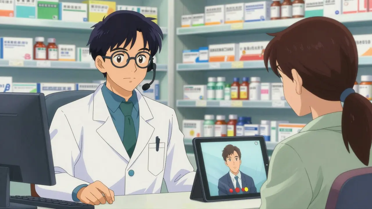 Split screen showing a pharmacist and a patient during a telepharmacy video consultation