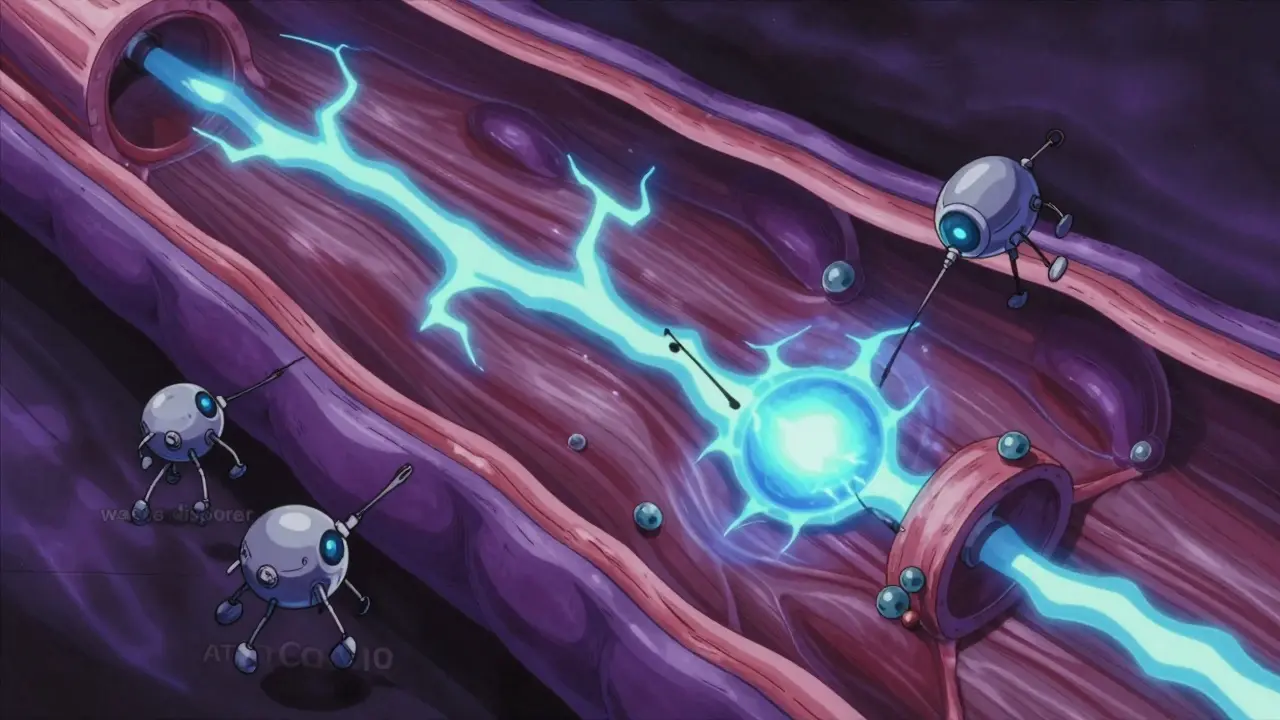Stylized anime biological view of muscle fibers with fading energy sparks.