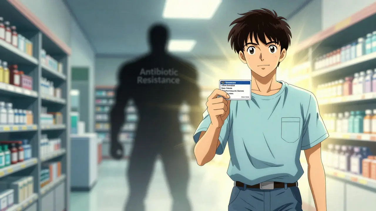 Anime patient holding allergy card, resisting superbugs