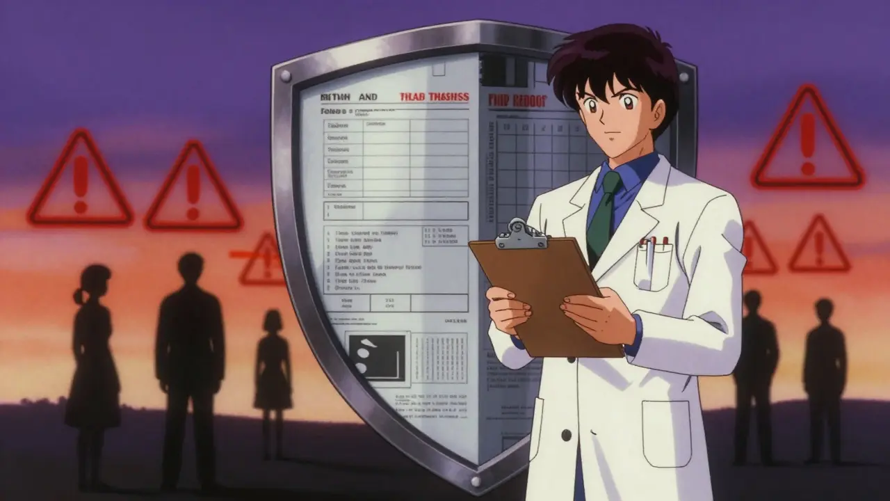 Anime pharmacist protecting patients with a shield of reports