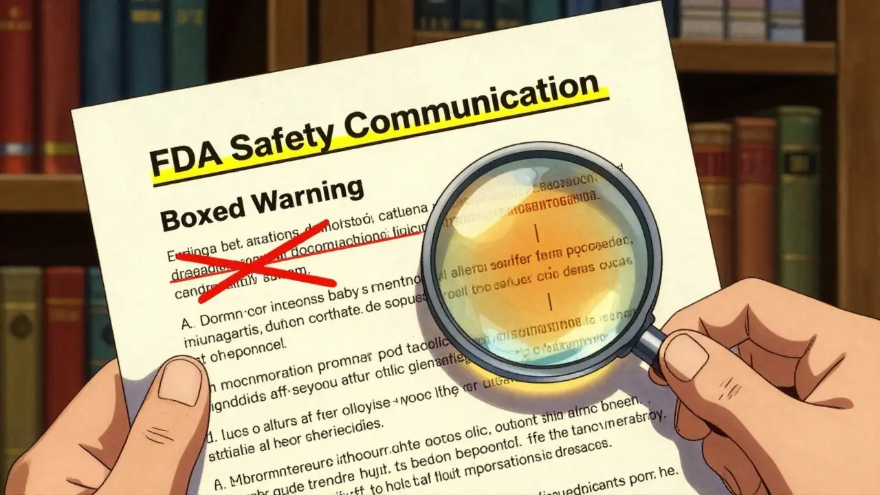 Close up of FDA document highlighting boxed warnings and label changes