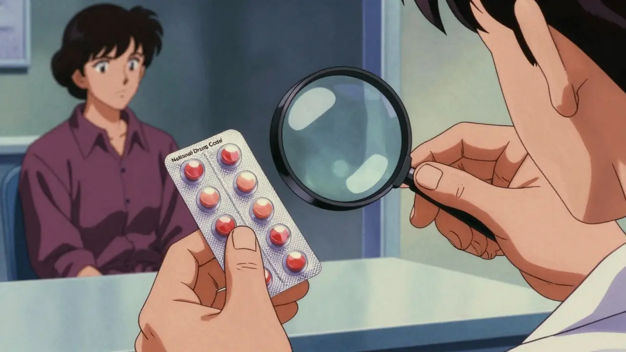 Close-up of pharmacist inspecting generic pill details closely