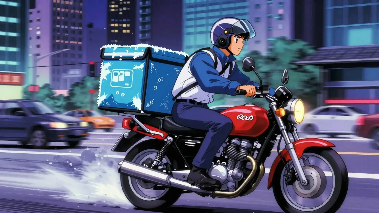 Courier on bike delivering temperature-controlled meds in city