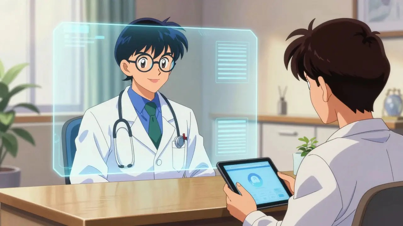 Doctor consulting patient via video call in anime style
