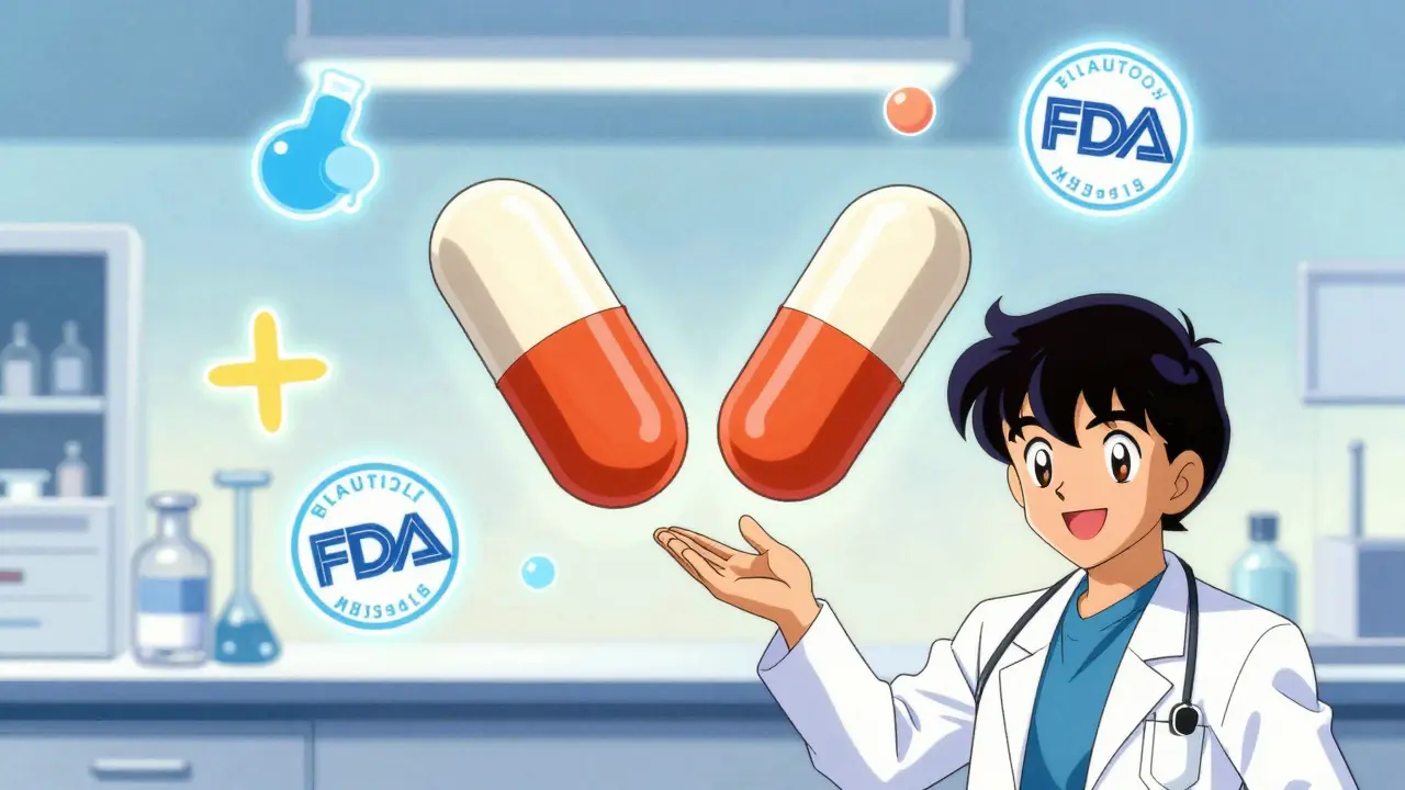 Doctor explaining generic drug safety with floating pills and scientific symbols in retro anime