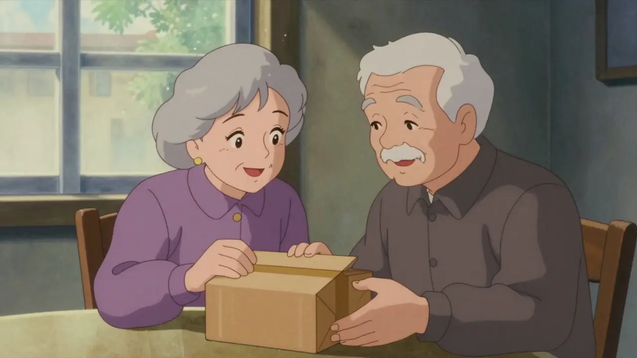 Elderly couple happily receiving prescription delivery at home
