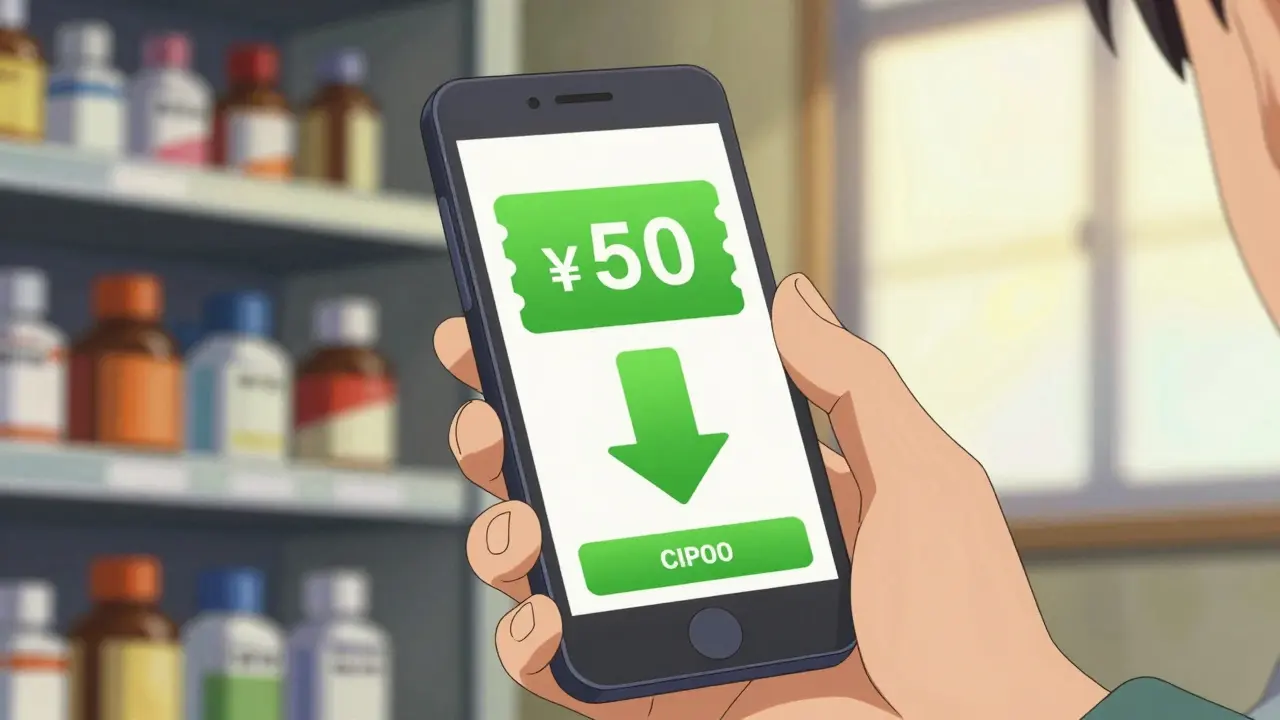 Hand holding phone showing prescription discount savings