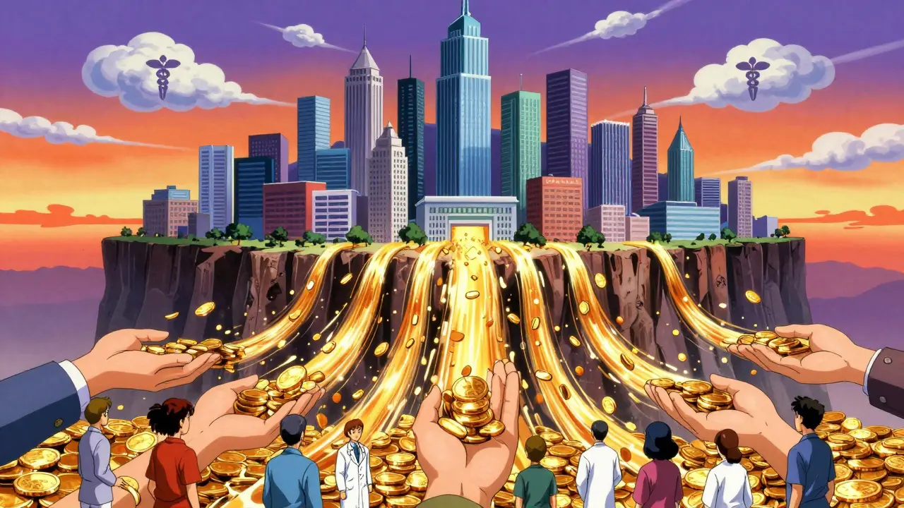 Metaphorical cliff with money flowing to patients symbolizing savings