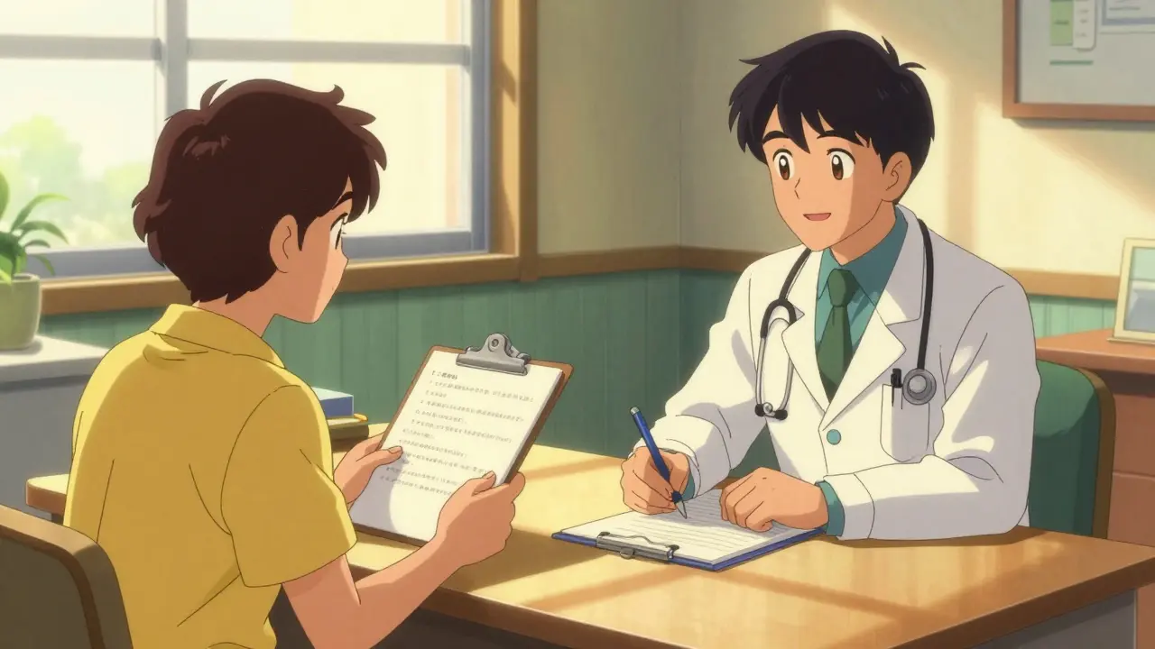 Patient asking questions to doctor during consultation in warm, retro anime style