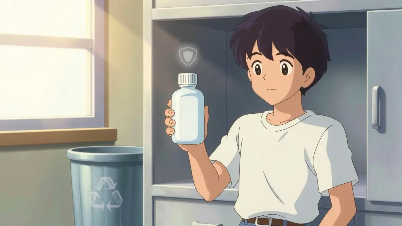 Person holding clean empty bottle in sunlit room, feeling secure and safe