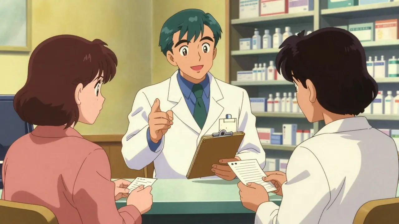 Pharmacist counseling a patient about medication switches in retro anime art