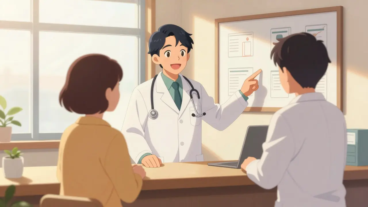 Pharmacist explaining medication safety updates to a relieved patient