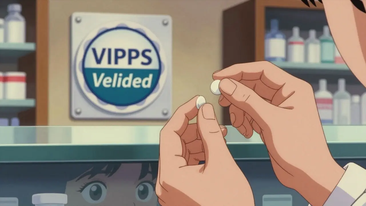 Pharmacist verifying a genuine pill next to a VIPPS safety seal.