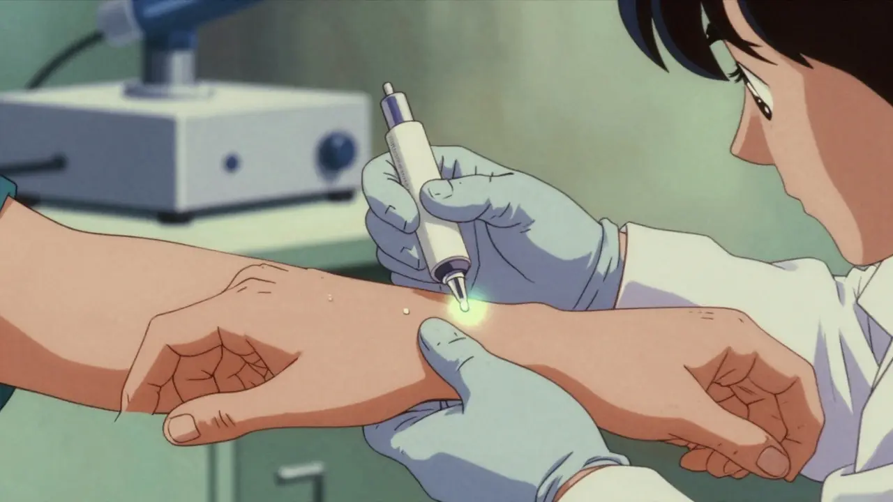 Retro anime allergist performing skin test on arm