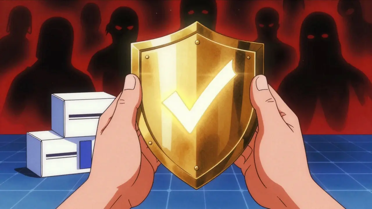 Retro anime hands holding a golden shield protecting medicine from scam threats.