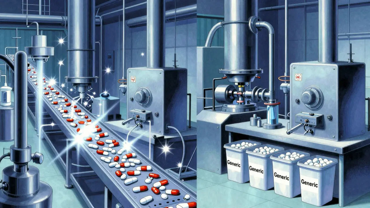Split view of identical drug manufacturing processes in vintage anime style