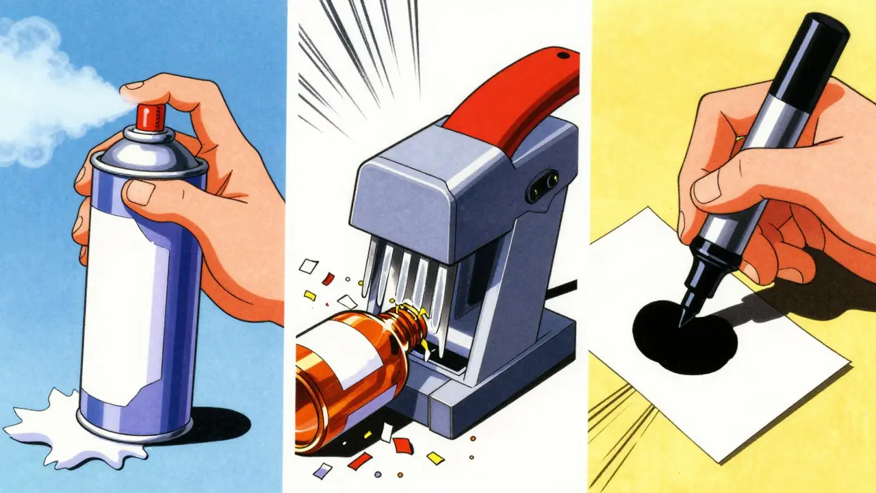 Three methods shown: solvent dissolving, shredding, and marker obscuring labels